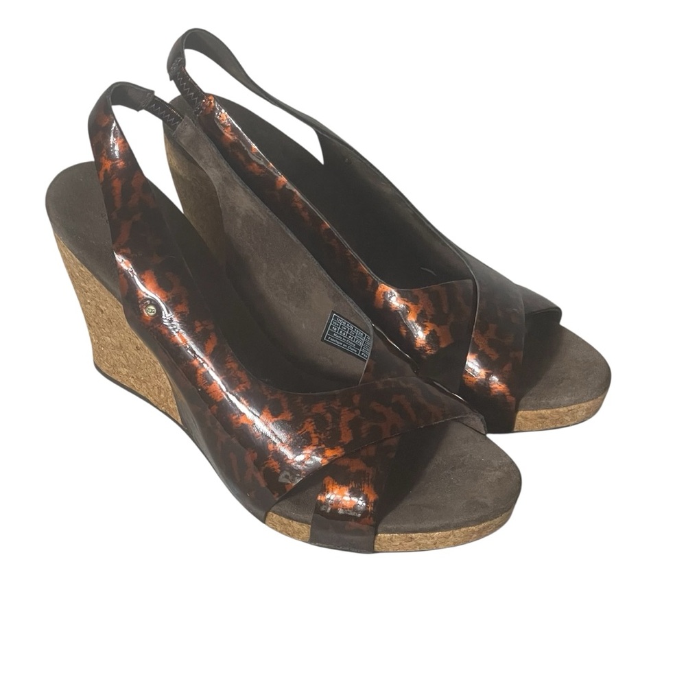 Ugg Hazel Leather Tortoise Leopard Cork Wedge Platform Slingback Heel Shoes 10M